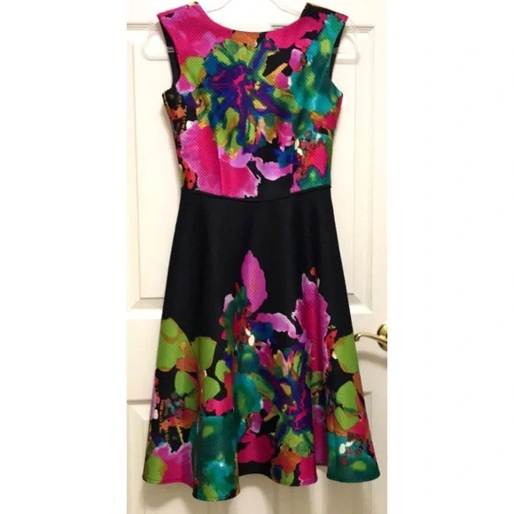 Tahari Vibrant Watercolor Fit and Flare Dress - Picture 5 of 16